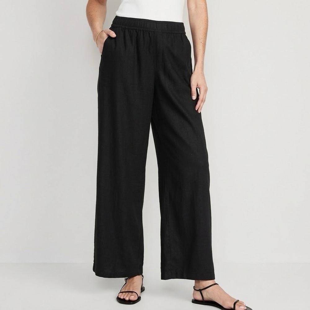 Old Navy High Waisted Linen Blend Wide Leg Pants Black Minimalist Lagen NWT L